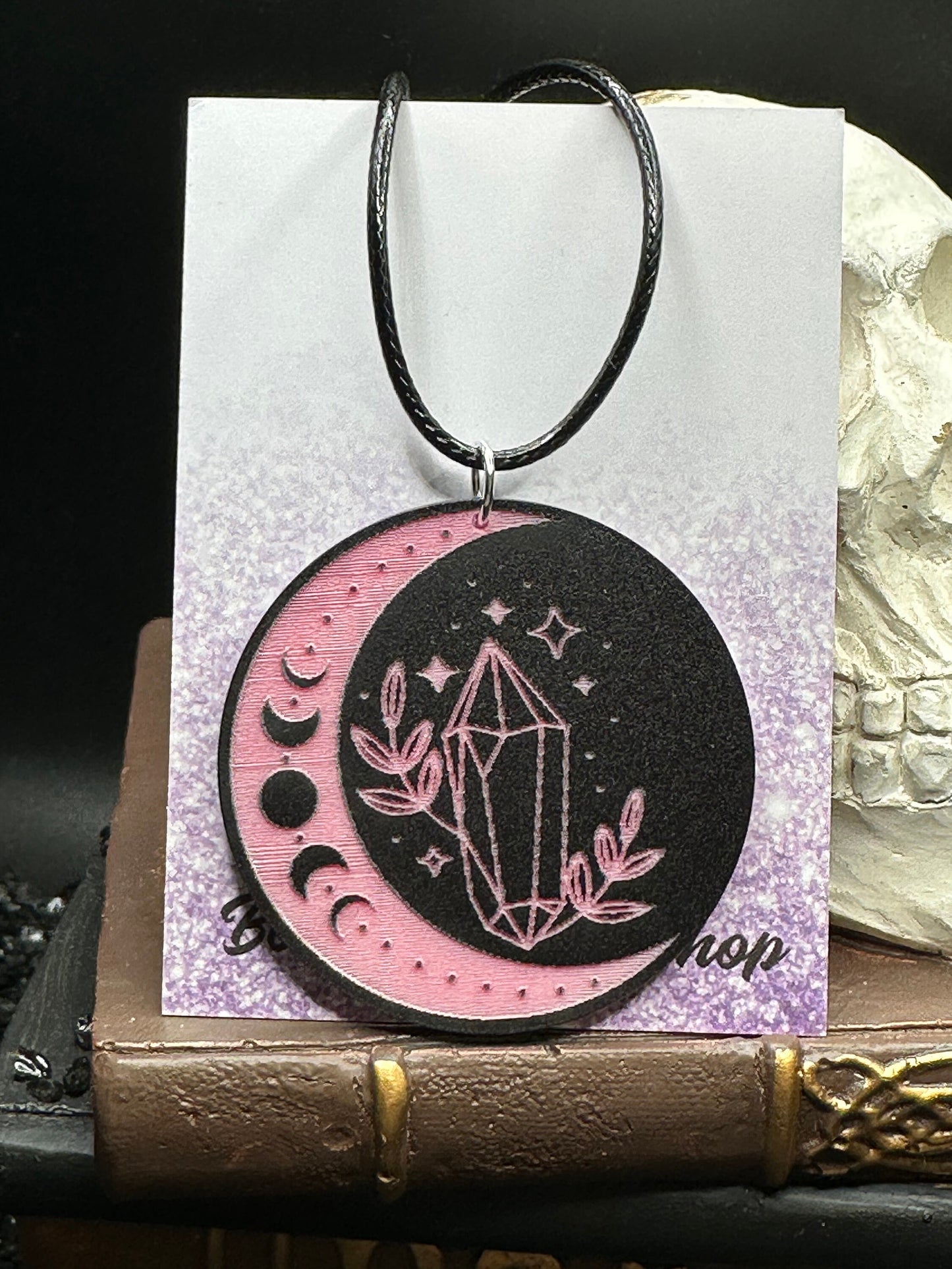 Witchy Moon & Crystal Acrylic Pendant on 18" Silk Wax Cord, Witchy Necklace, Fun Halloween Necklace, Wicca Gothic Style Goth Jewelry