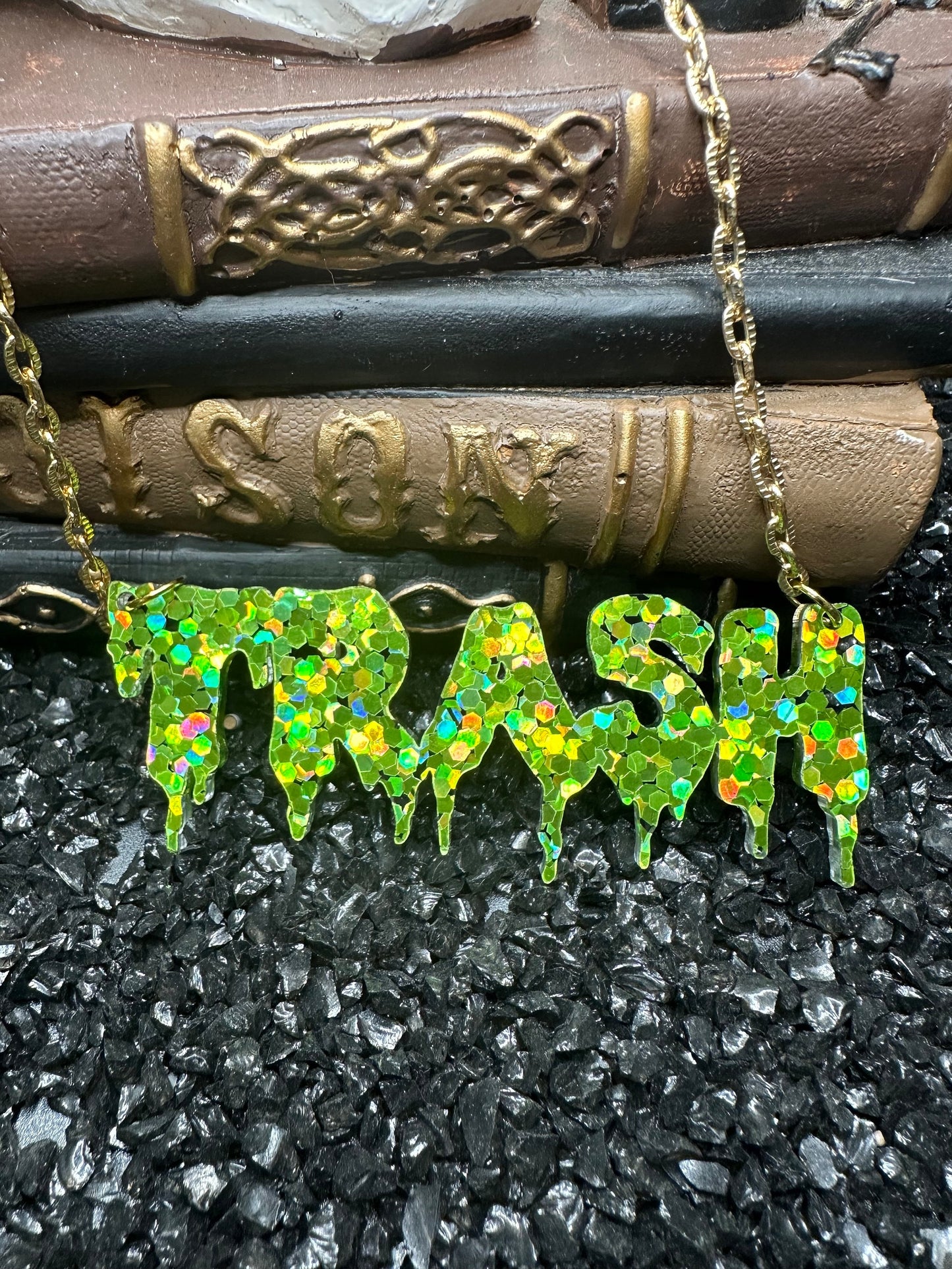 TRASH Glitter Lime Green Drippy Nameplate Necklace with Gold Chain, Acrylic Necklace, Gothic Jewelry, Goth Necklace, Trash Necklace