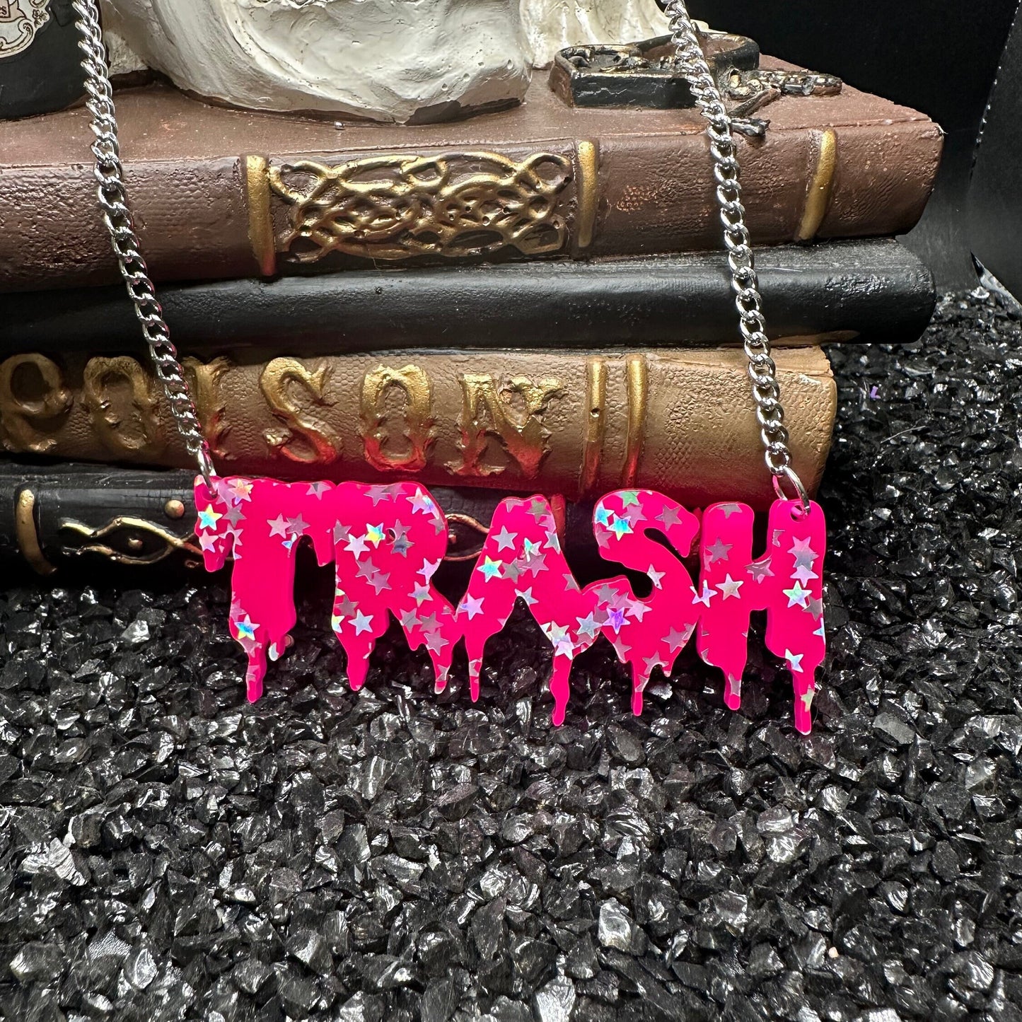 TRASH Hot Pink Star Drippy Nameplate Necklace with Silver Chain, Acrylic Necklace, Gothic Jewelry, Goth Necklace, Trash Necklace