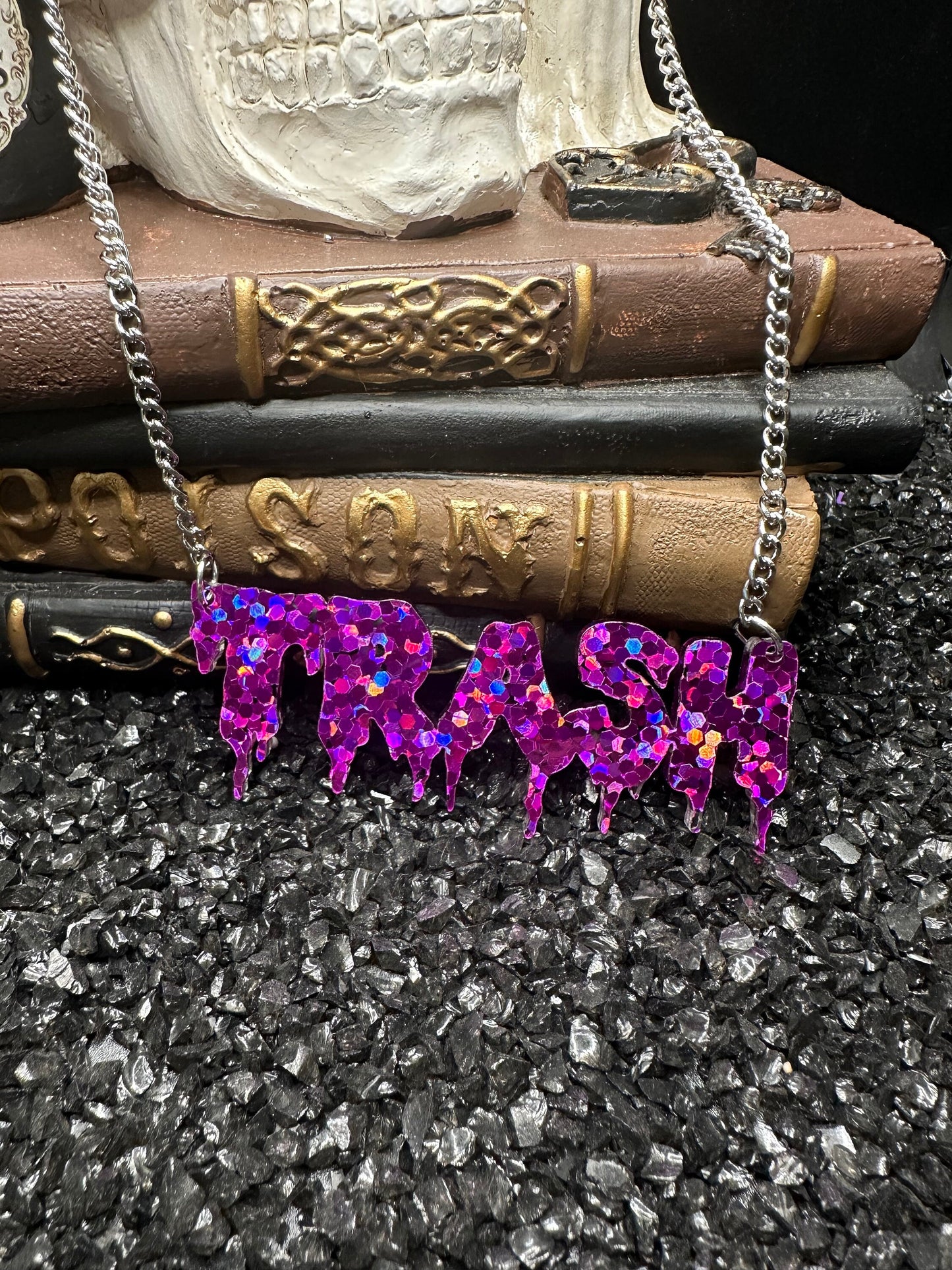 TRASH Glitter Purple Drippy Nameplate Necklace with Silver Chain, Acrylic Necklace, Gothic Jewelry, Goth Necklace, Trash Necklace