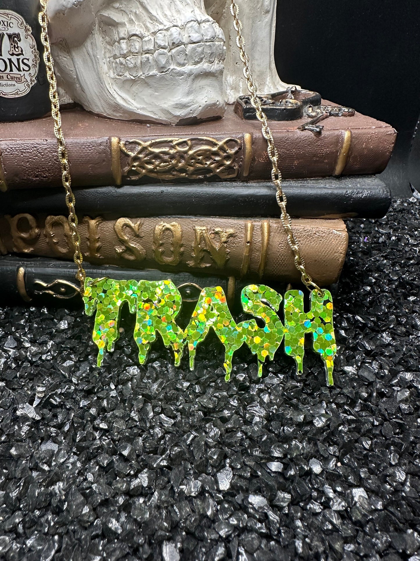 TRASH Glitter Lime Green Drippy Nameplate Necklace with Gold Chain, Acrylic Necklace, Gothic Jewelry, Goth Necklace, Trash Necklace