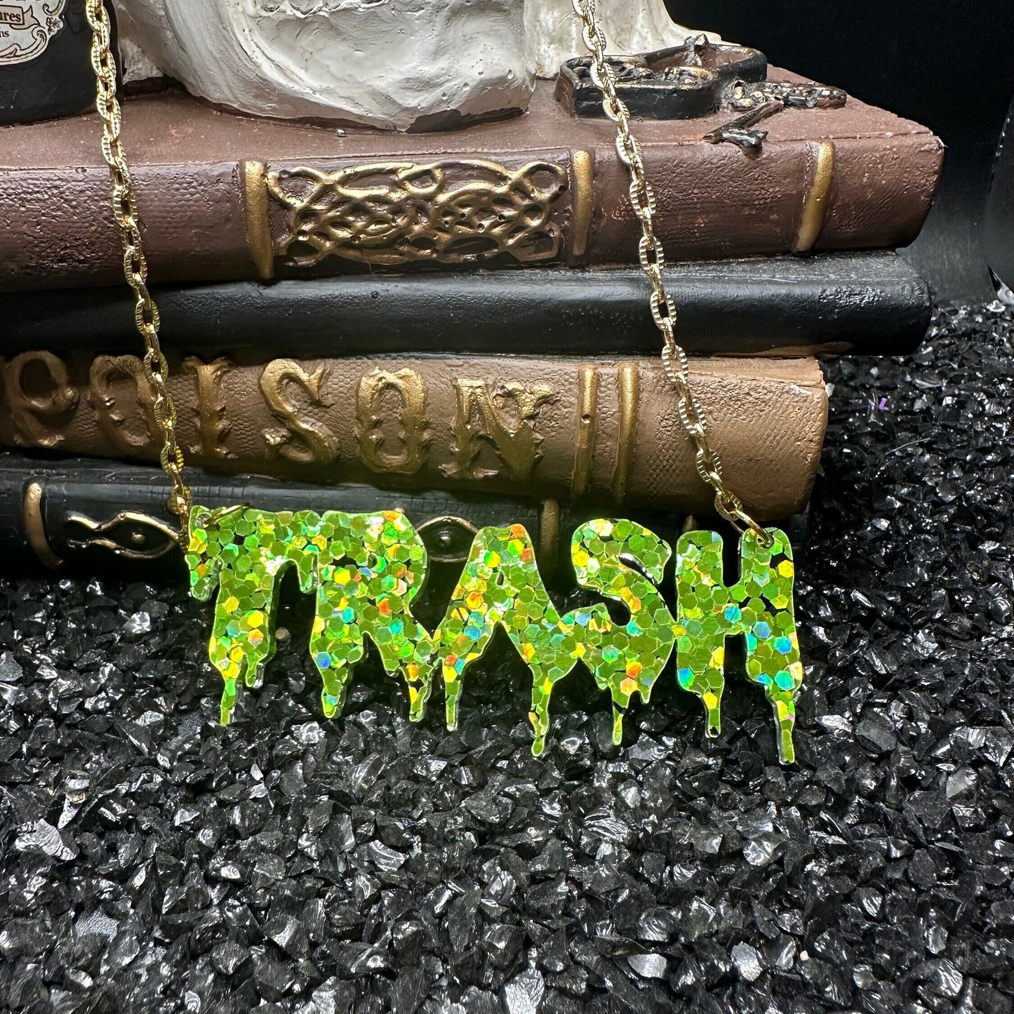 TRASH Glitter Lime Green Drippy Nameplate Necklace with Gold Chain, Acrylic Necklace, Gothic Jewelry, Goth Necklace, Trash Necklace