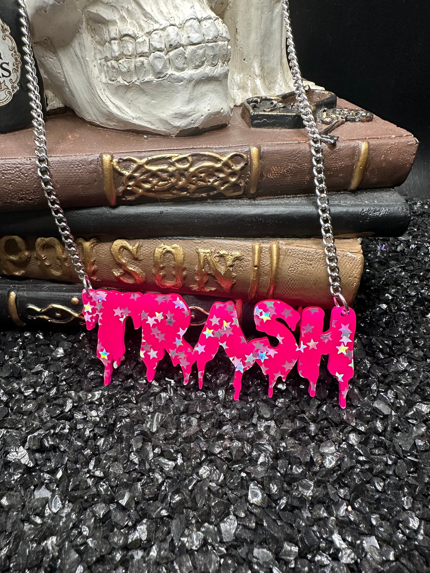 TRASH Hot Pink Star Drippy Nameplate Necklace with Silver Chain, Acrylic Necklace, Gothic Jewelry, Goth Necklace, Trash Necklace