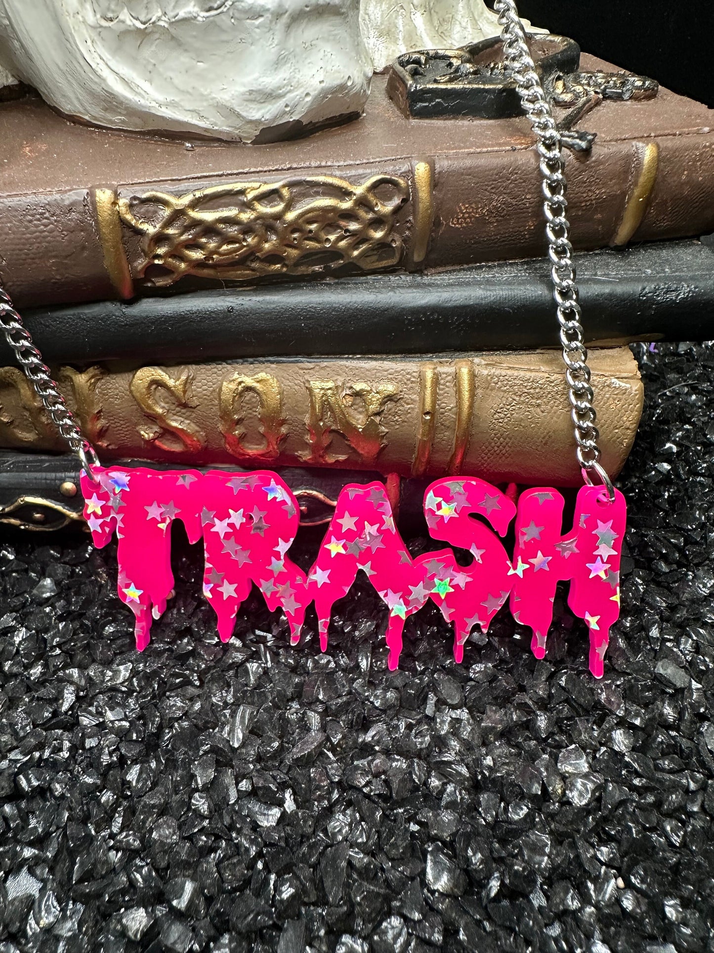 TRASH Hot Pink Star Drippy Nameplate Necklace with Silver Chain, Acrylic Necklace, Gothic Jewelry, Goth Necklace, Trash Necklace