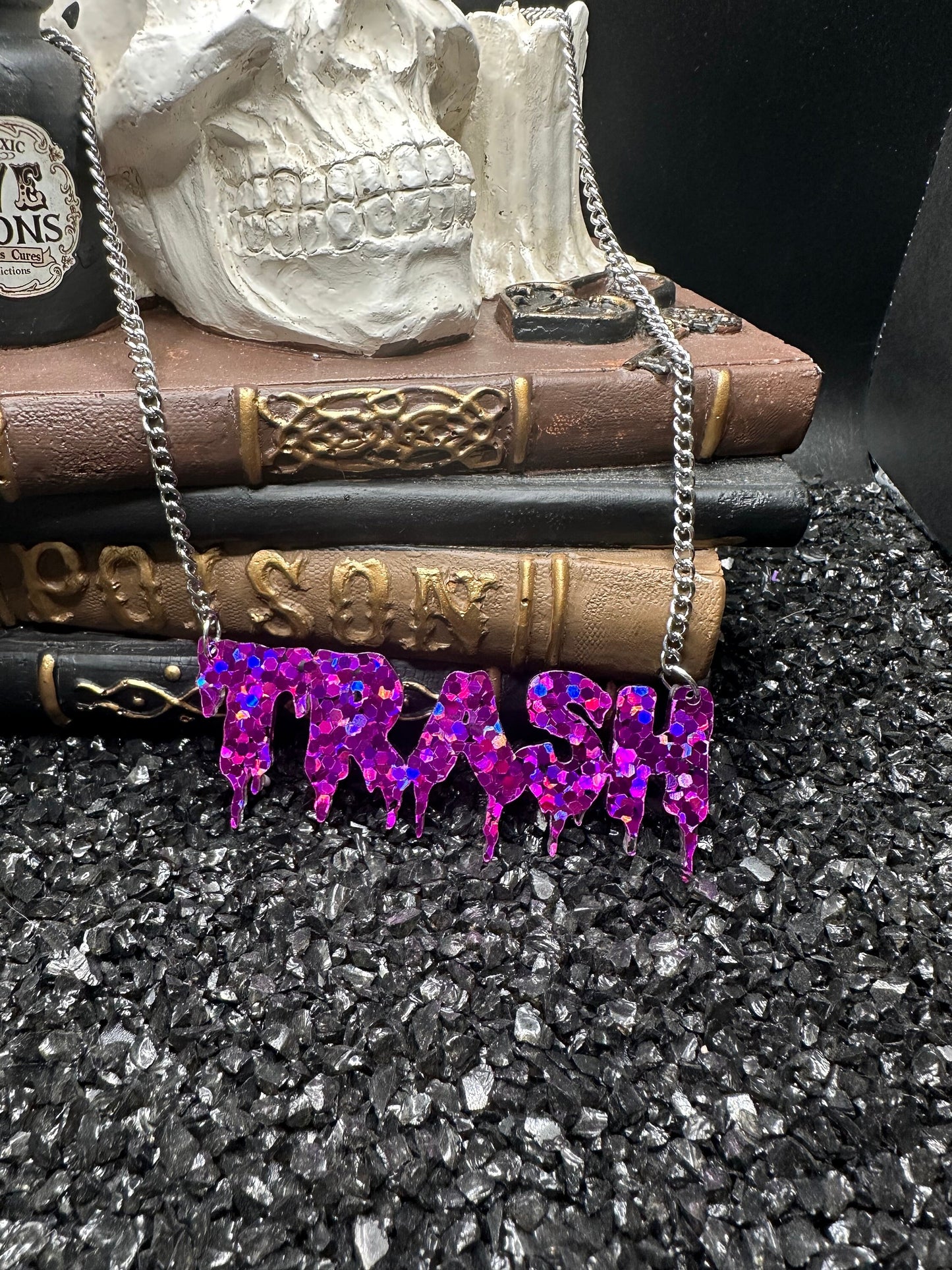 TRASH Glitter Purple Drippy Nameplate Necklace with Silver Chain, Acrylic Necklace, Gothic Jewelry, Goth Necklace, Trash Necklace