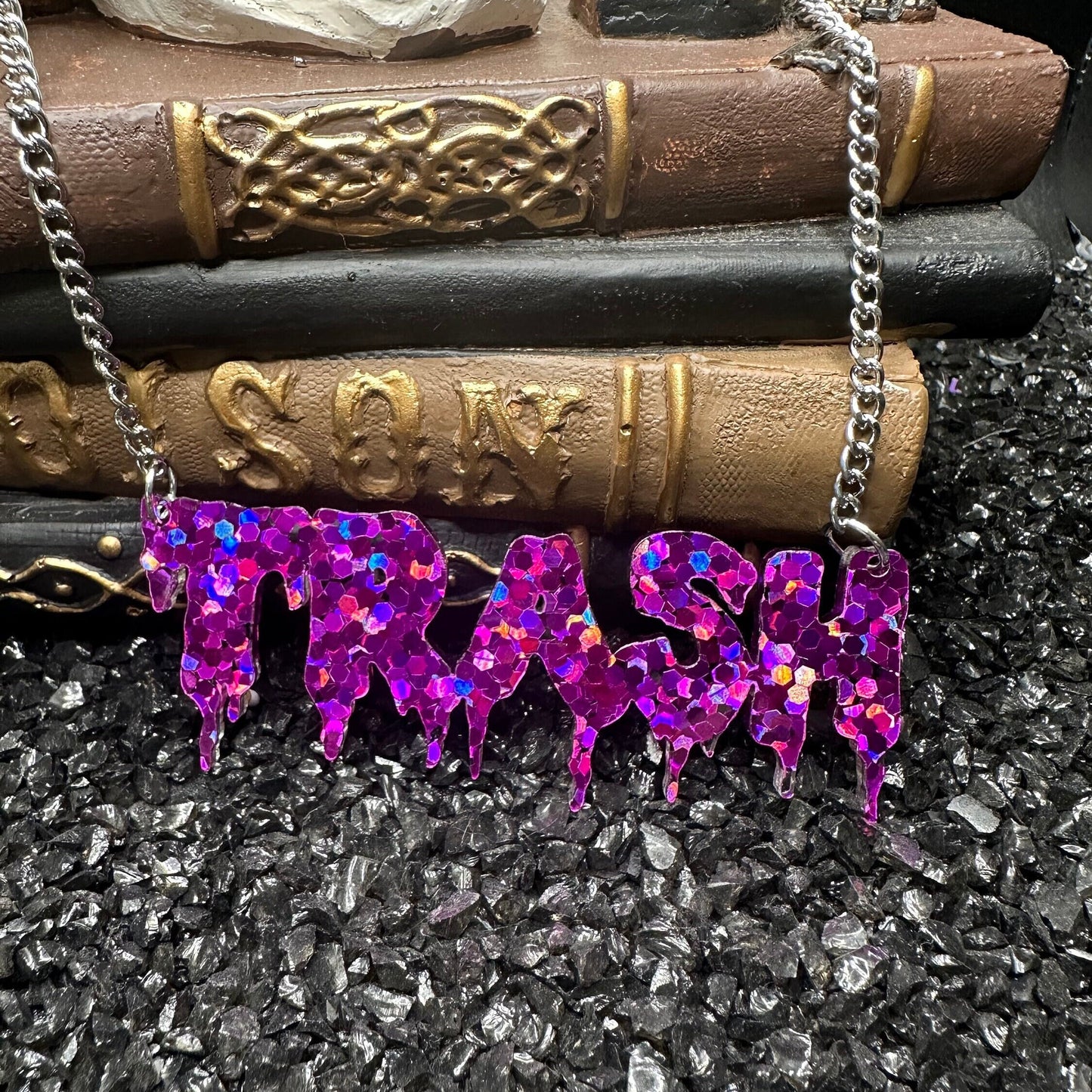 TRASH Glitter Purple Drippy Nameplate Necklace with Silver Chain, Acrylic Necklace, Gothic Jewelry, Goth Necklace, Trash Necklace